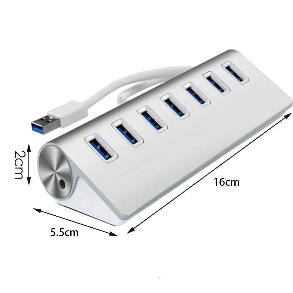 7-port USB 3.0 Hub Aluminum Alloy 60cm Cable Portable Upto 5Gbps Super Speed Anti-slip Charging Splitter For Laptop Desktop Silver