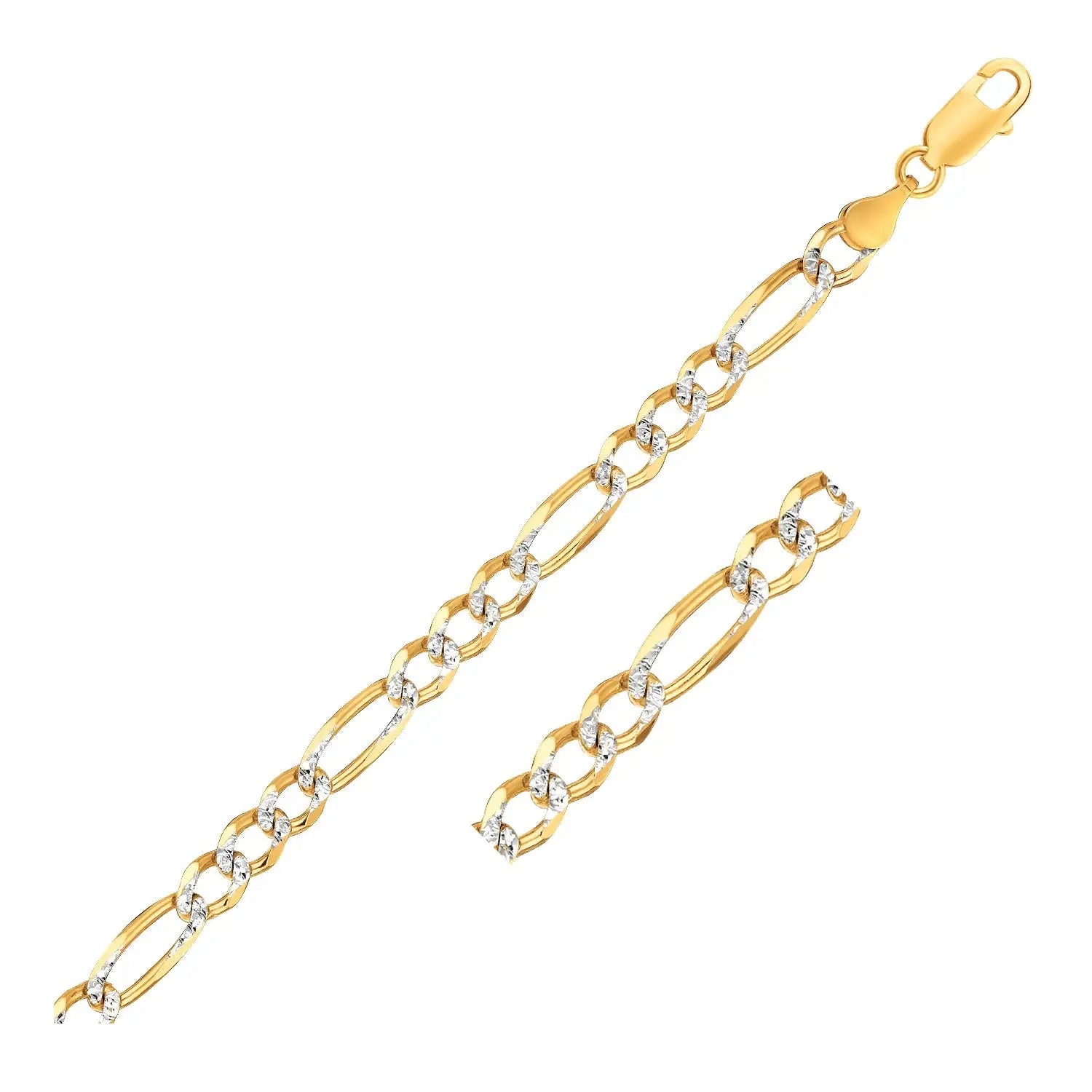 7.0mm 14K Yellow Two Tone Solid Pave Figaro Bracelet 8.5"