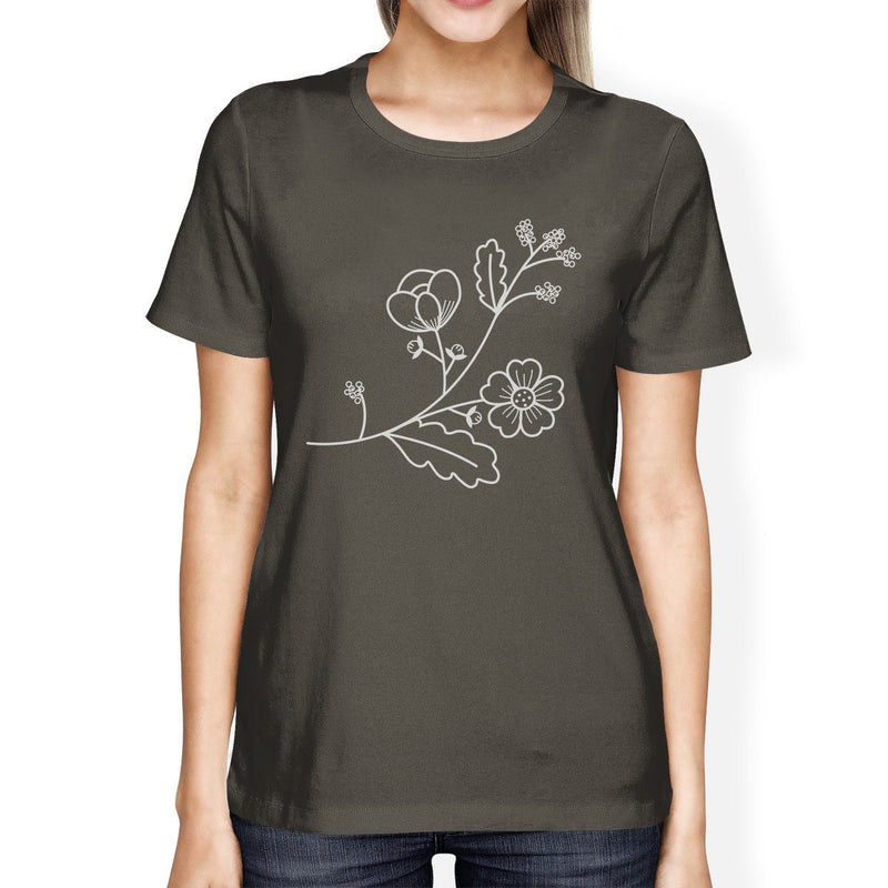 Flower Women's Dark Gray Short Sleeve Tee Round Neck Cute Design