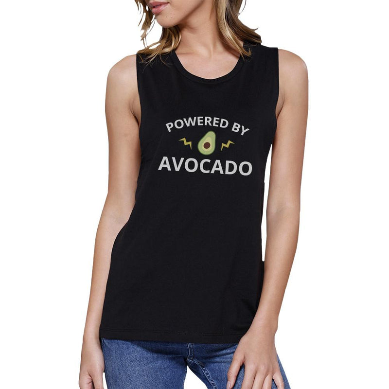 Powered By Avocado Black Cute Graphic Muscle Top Unique Design Tank