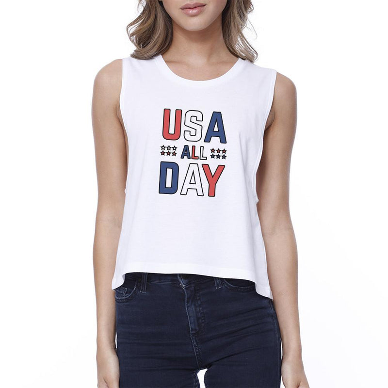 USA All Day Womens White Crop Tee For Fourth of July Gifts For Her