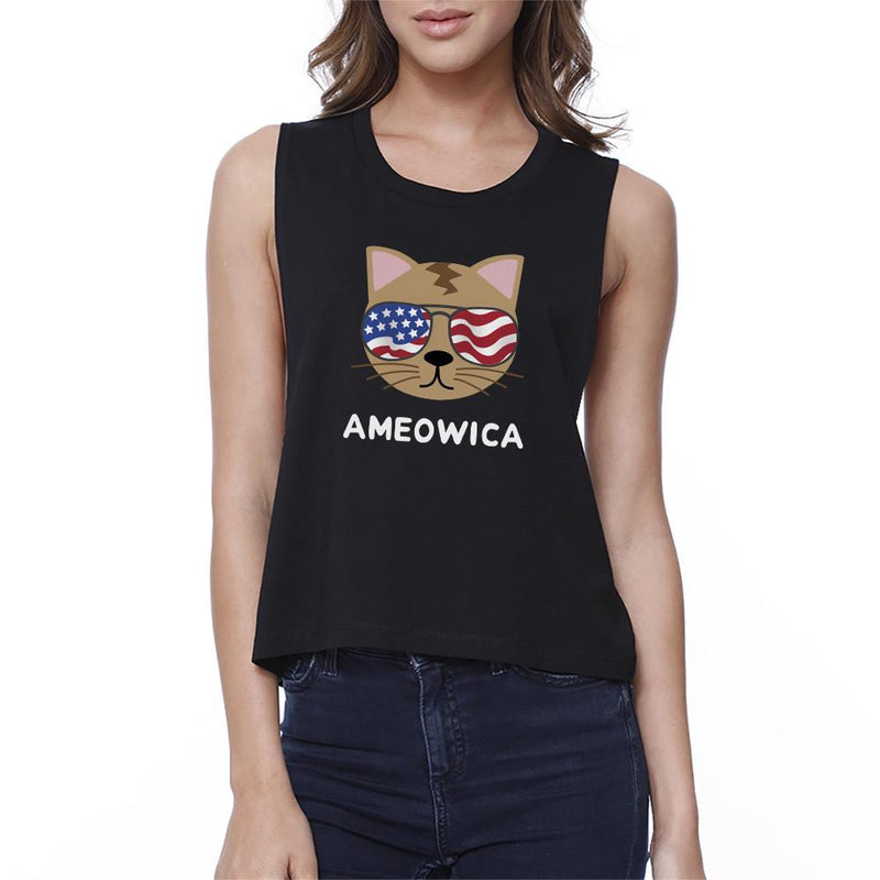 Ameowica Womens Black Sleeveless Crop Tee Gift Ideas For Cat Lovers