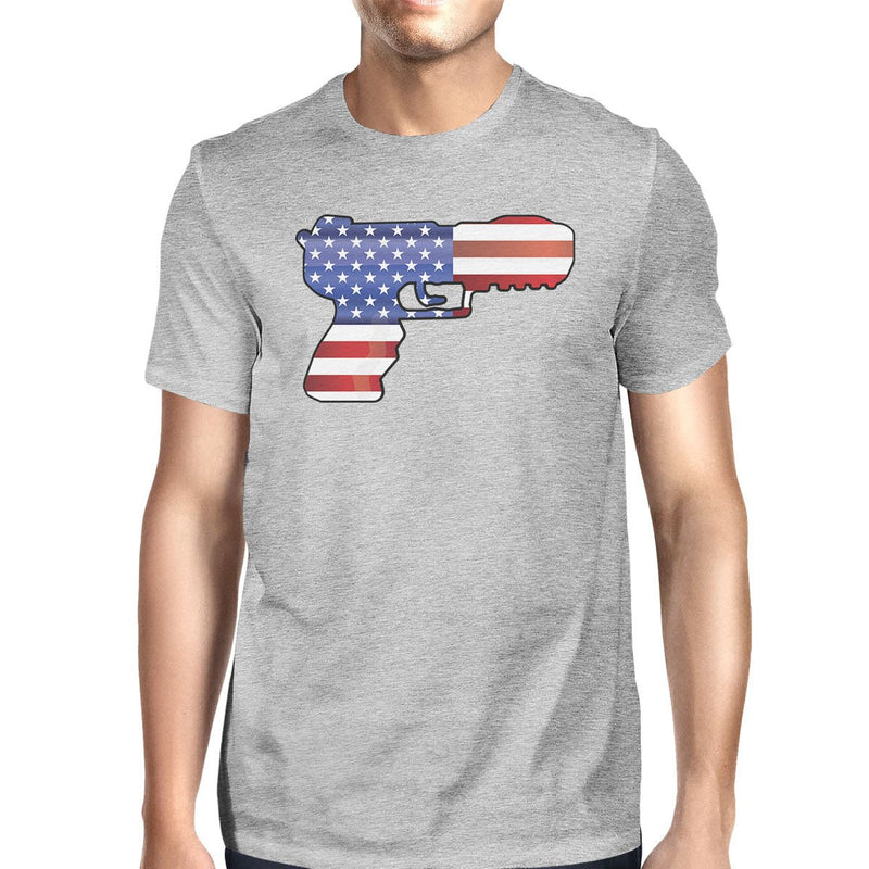 Pistol Shaped Unique American Flag Mens Grey Graphic Tee Round Neck