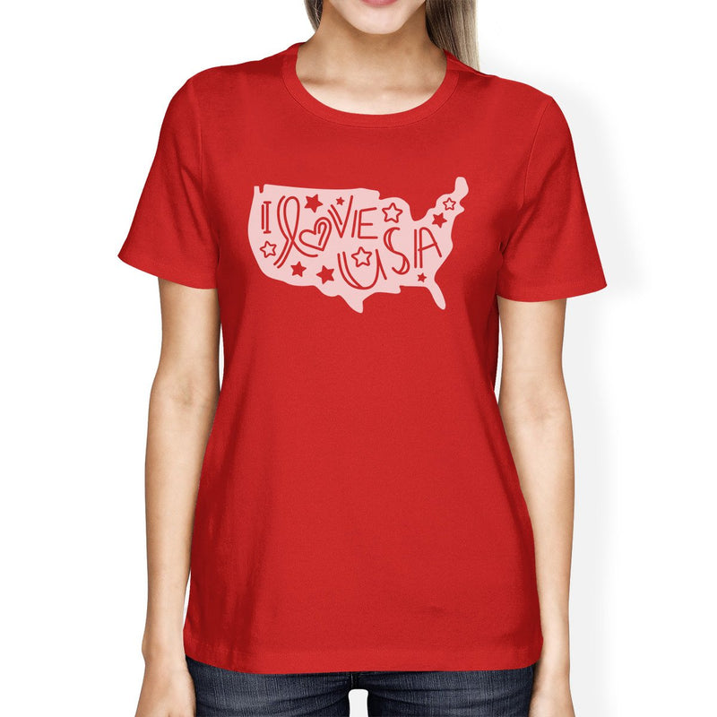 I Love USA Womens Red T-Shirt For Independence Day Cute Design Top