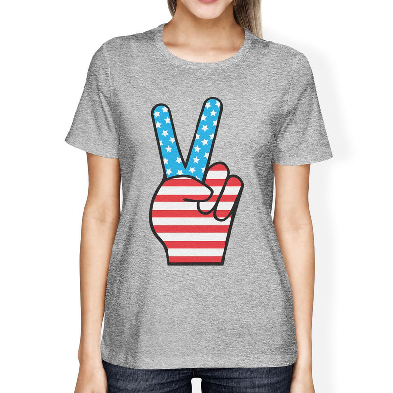 Peace Sign American Flag Womens Grey Round Neck Tee For 4th Of July