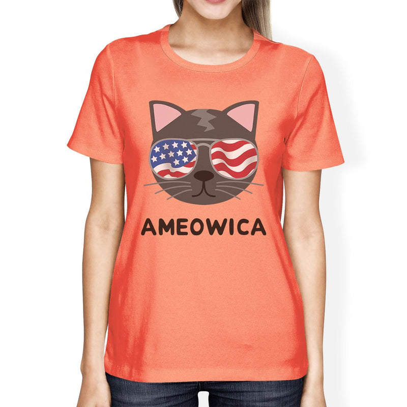 Ameowica Cute Independence Day T-Shirt Idea For Women Round Neck