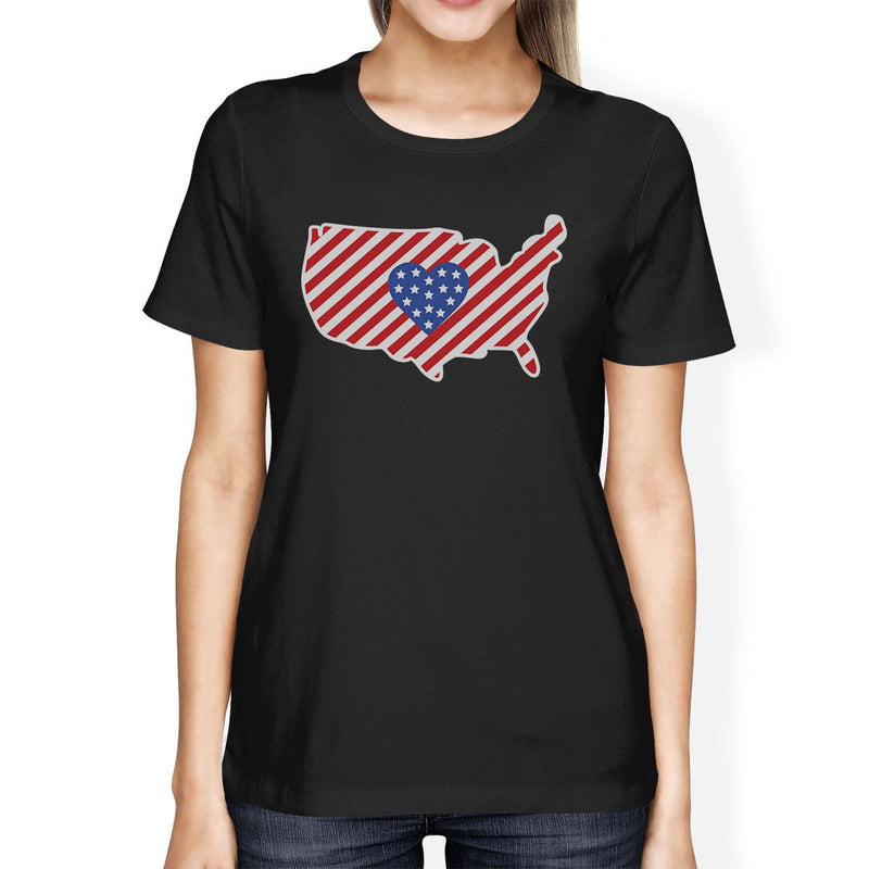 USA Map American Flag Heart Shape Womens Black Graphic Cotton Tee