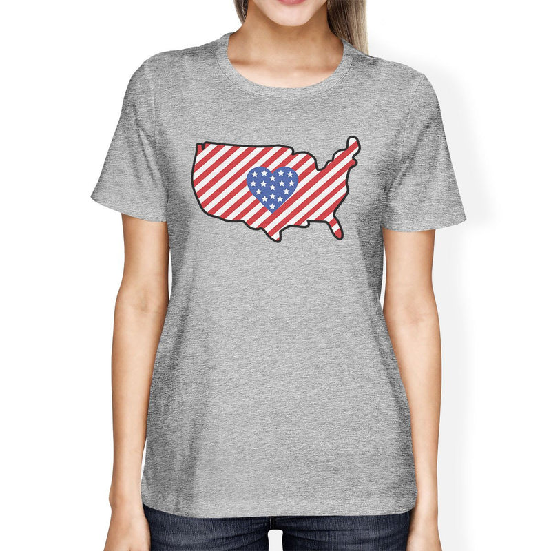 USA Map American Flag Womens Grey Cute 4th Of July Round Neck Tee