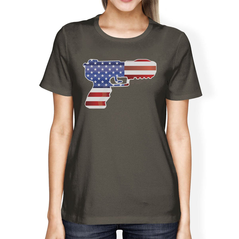 Pistol Shaped American Flag Womens Dark Gray Graphic Cotton T-Shirt