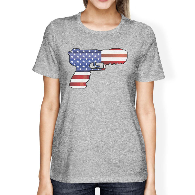 Pistol Shaped Unique American Flag Womens Grey Graphic Tee Shirt