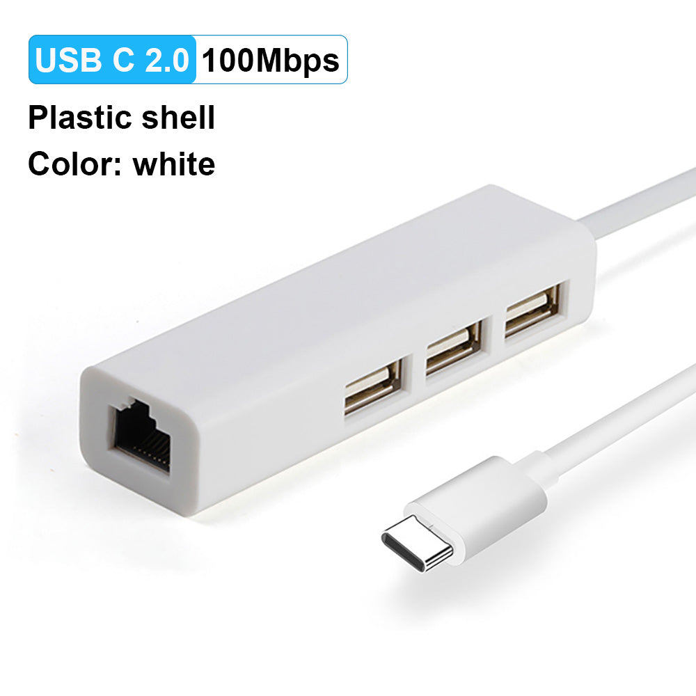 USB Ethernet USB Hub to RJ45 Lan Network Card 10/100 Mbps USB 2.0 3.0 Hub Ethernet Adapter for Mac iOS Laptop PC Windows USB C2.0 100M White