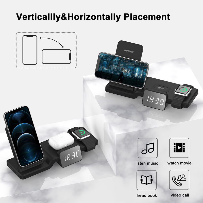 Clock radio charge 15W 4 in 1 Cell Phone Qi Fast Wireless Charger For iWatch For AirPods Time adjustment