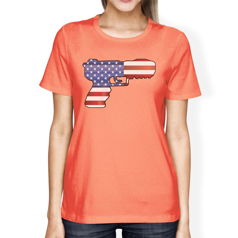 American Flag Pistol Womens Peach T-Shirt 4th Of July Design Tee