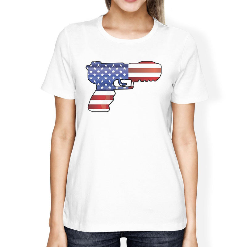 American Flag Pistol Womens White Short Sleeve Tee For 4th Of July