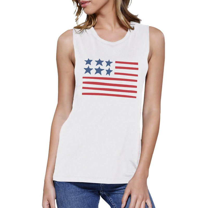 USA Flag Women White Graphic Cotton Muscle Tee For Independence Day
