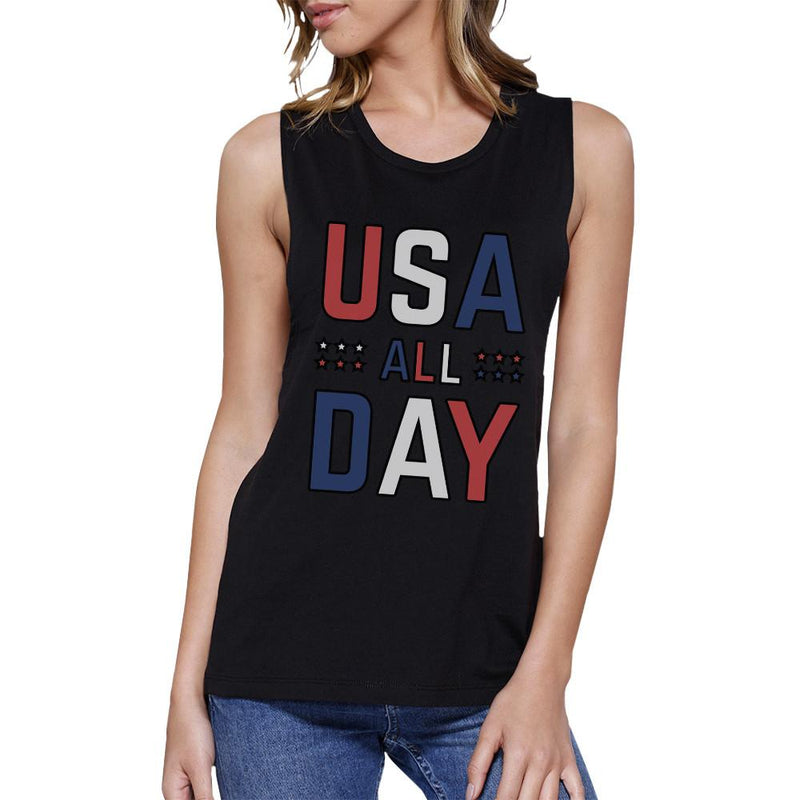 USA All Day Womens Black Sleeveless Muscle Tee Unique Workout Tanks