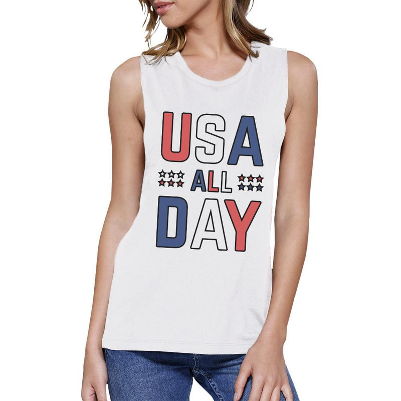 USA All Day Women White Cotton Muscle Top Cute 4th Of July Design