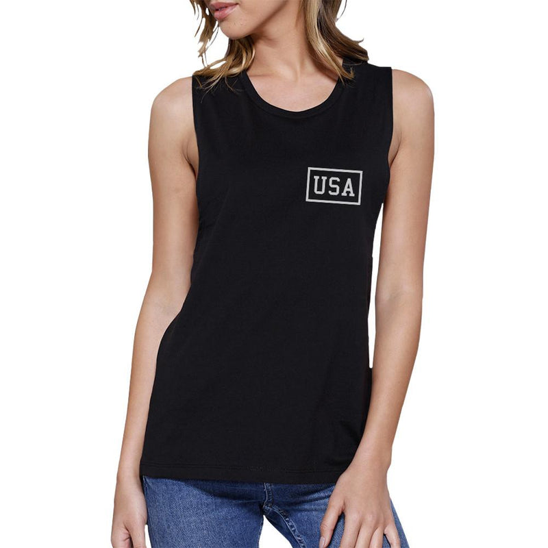 Mini USA Womens Black Graphic Muscle Tee Simple Design Workout Tee