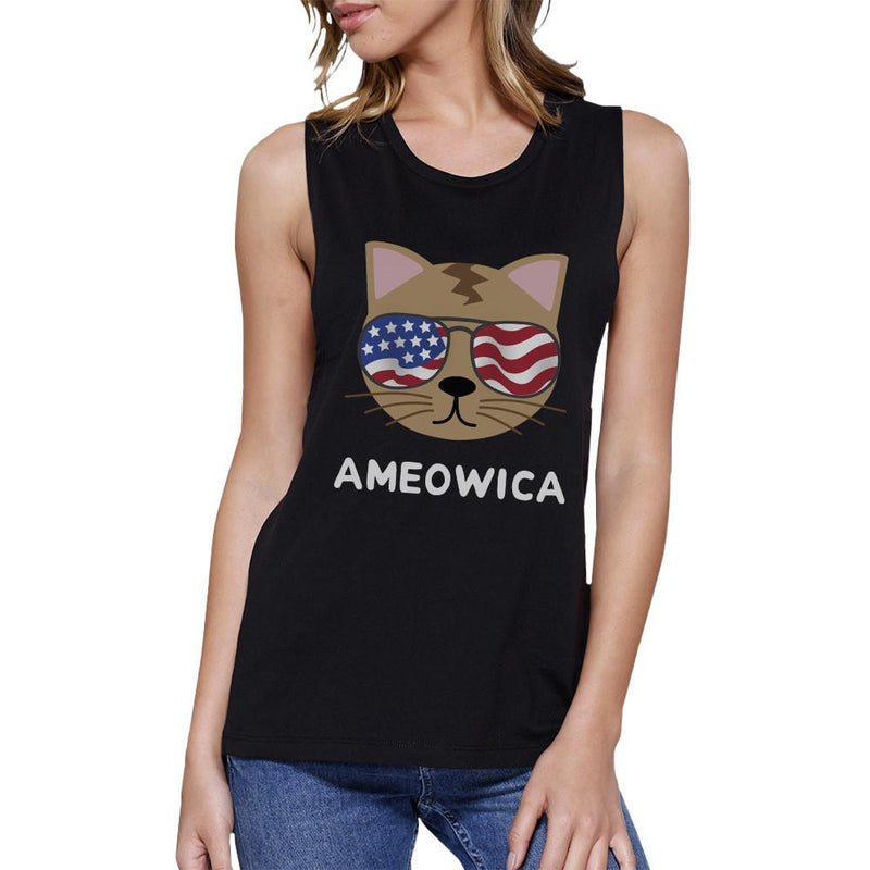 Ameowica Womens Black Graphic Muscle Top Cute Cate Design Tanks