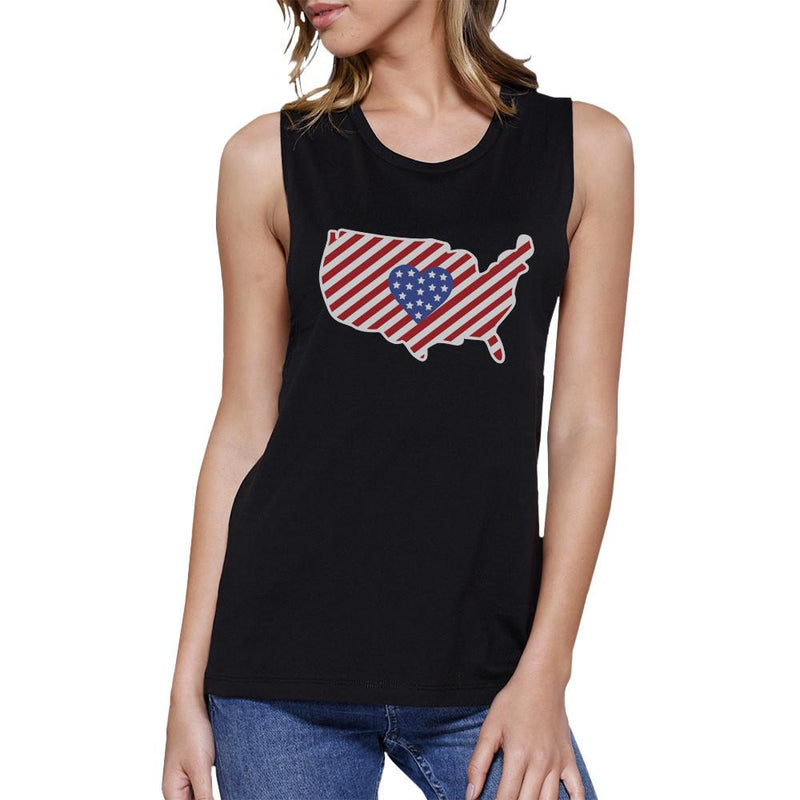 USA Map With Heart Shape American Flag Graphic Muscle Tee For Women
