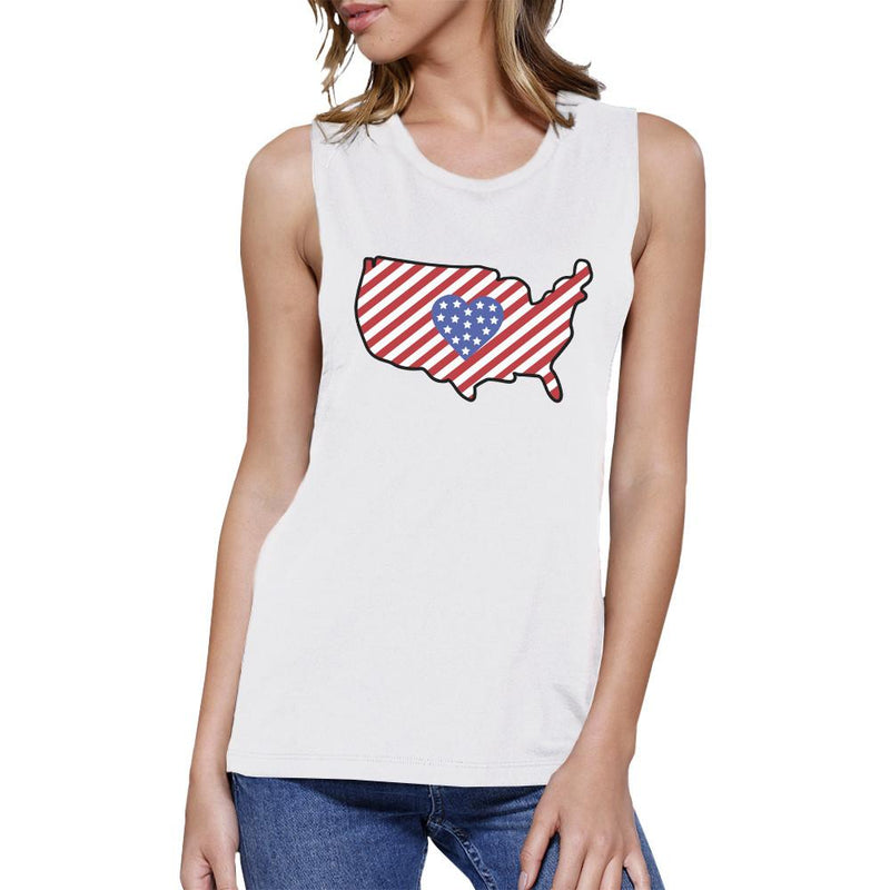 USA Map Cute American Flag With Heart Womens White Muscle Tanks