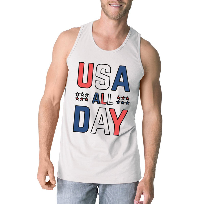 USA All Day Mens White Cotton Tank Top Cute 4th Of July Design Tank
