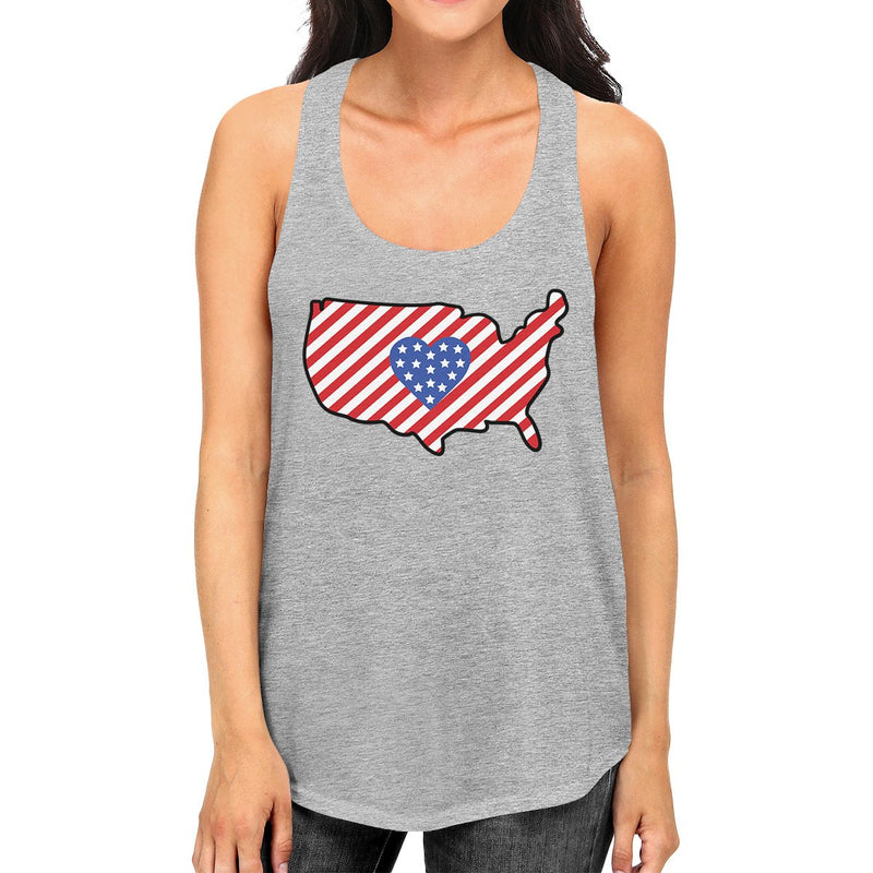 USA Map Cute Heart America Flag Womens Grey Racerback Tank Top