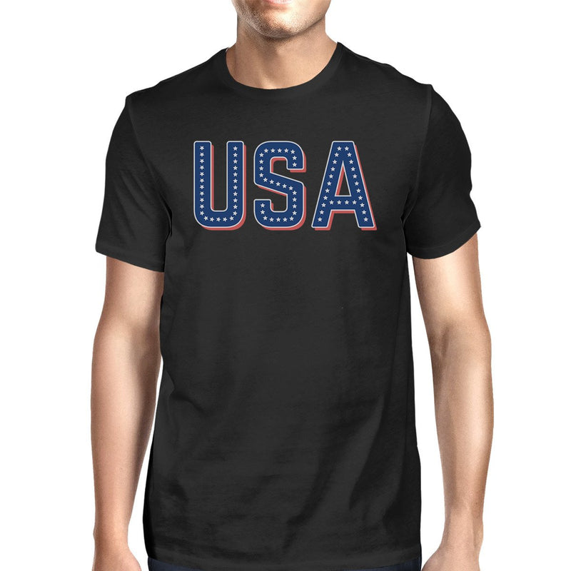 USA With Stars Mens Black Cotton Tee Unique Independence Day Top