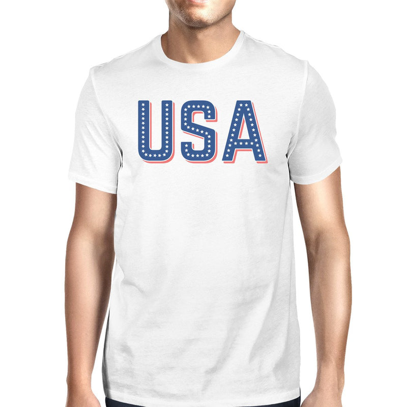 USA With Stars Simple Graphic Tee White Round Neck T-Shirt For Men