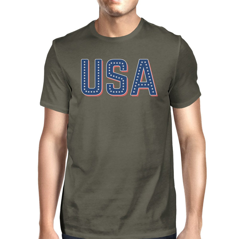 USA With Stars Mens Dark Grey Crewneck Graphic Tee For 4th Of July