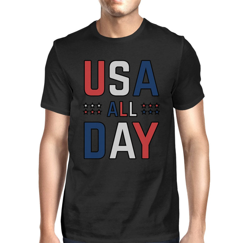USA All Day Mens Black Cotton Crewneck T-Shirt For Independence Day