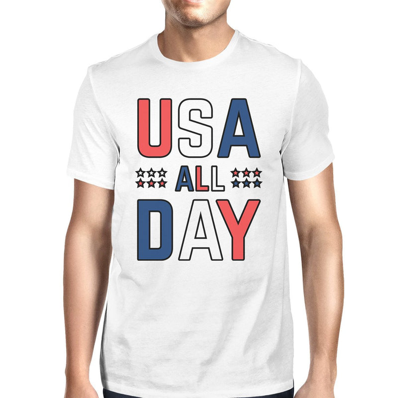 USA All Day Mens White Round Neck Tee Funny Independence Day Shirt