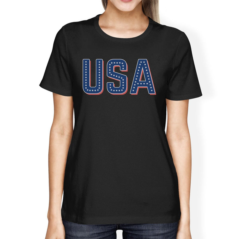 USA With Stars Womens Black Cotton Tee Unique Independence Day Top