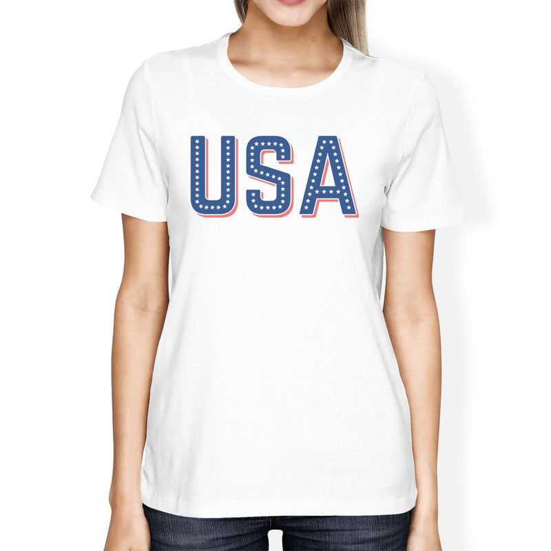USA With Stars Simple Graphic Tee White Round Neck T Shirt For Her