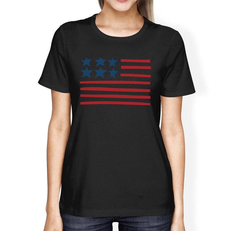 USA Flag Womens Black Graphic T-Shirt Unique Independence Day Tee