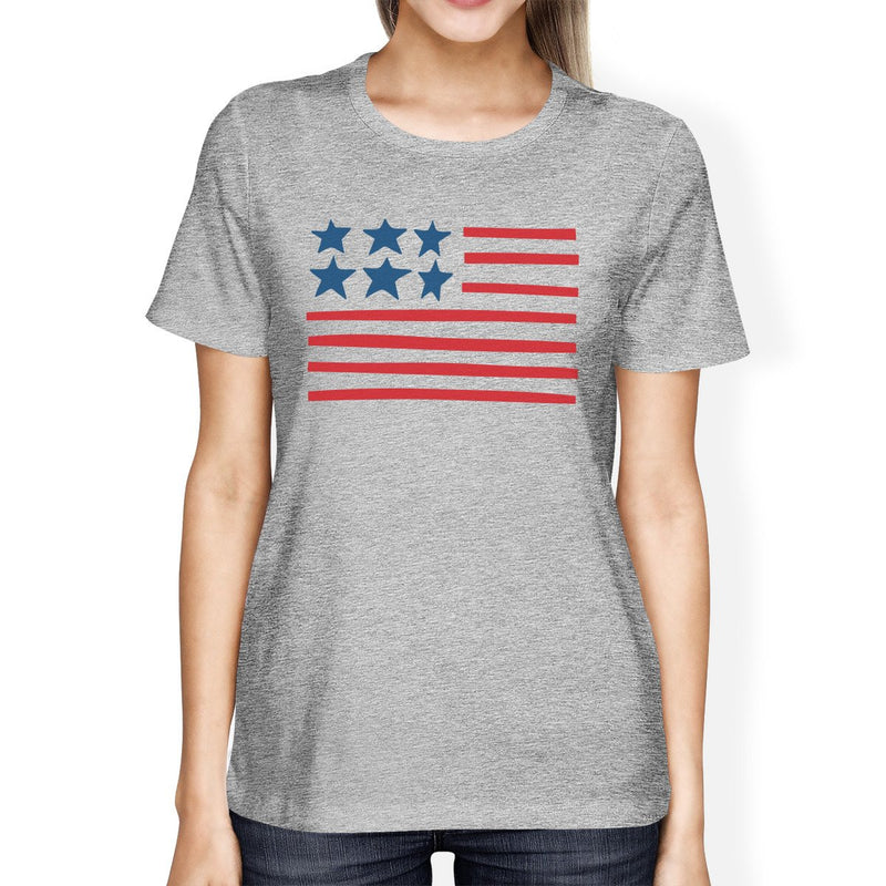 USA Flag Women Grey Round Neck Tee Unique American Flag Graphic Top