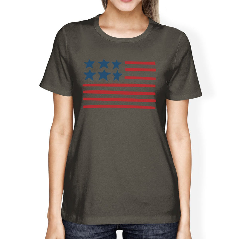 USA Flag Womens Gray Crewneck Graphic Tee Unique 4th Of July Shirt