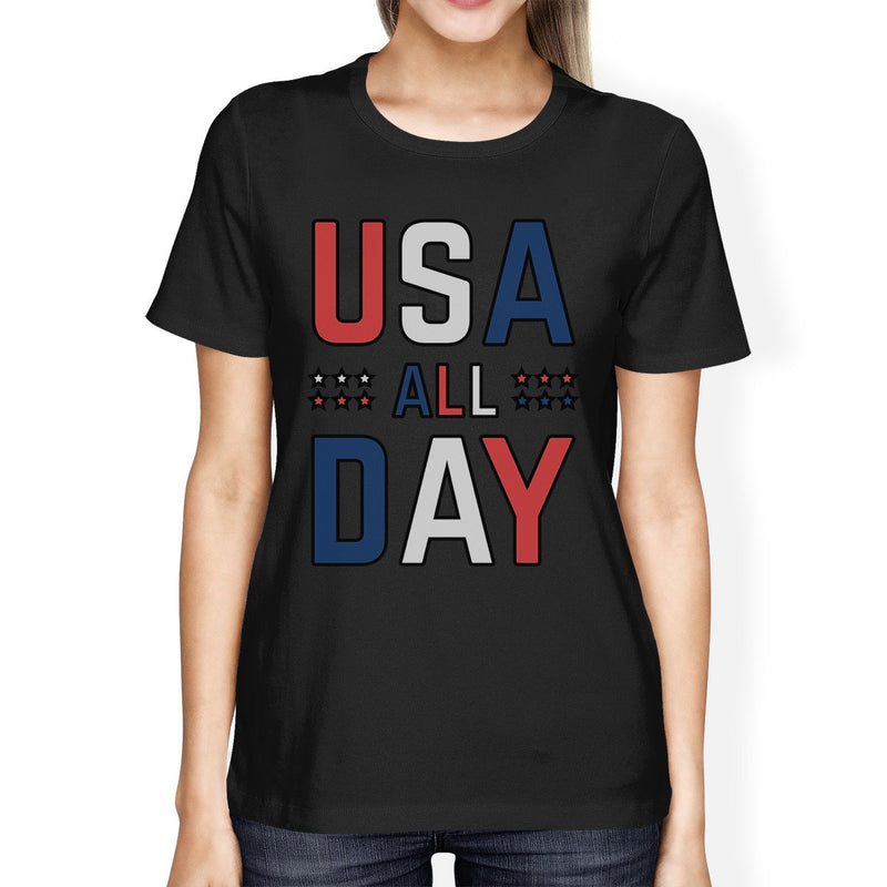 USA All Day Womens Black Cotton Crewneck Independence Day T-Shirt