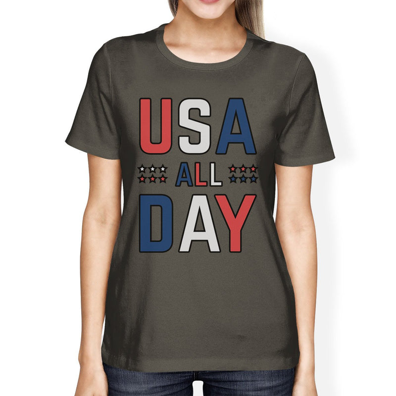 USA All Day Womens Dark Grey Round Neck T-Shirt Patriotic Gift Idea