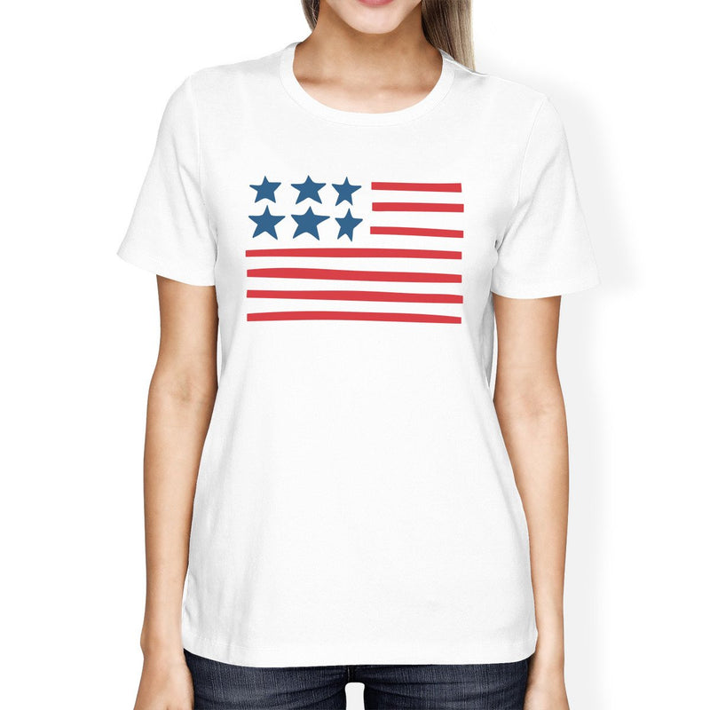 USA Flag Womens White Cotton Tee For Independence Day Gift For Her