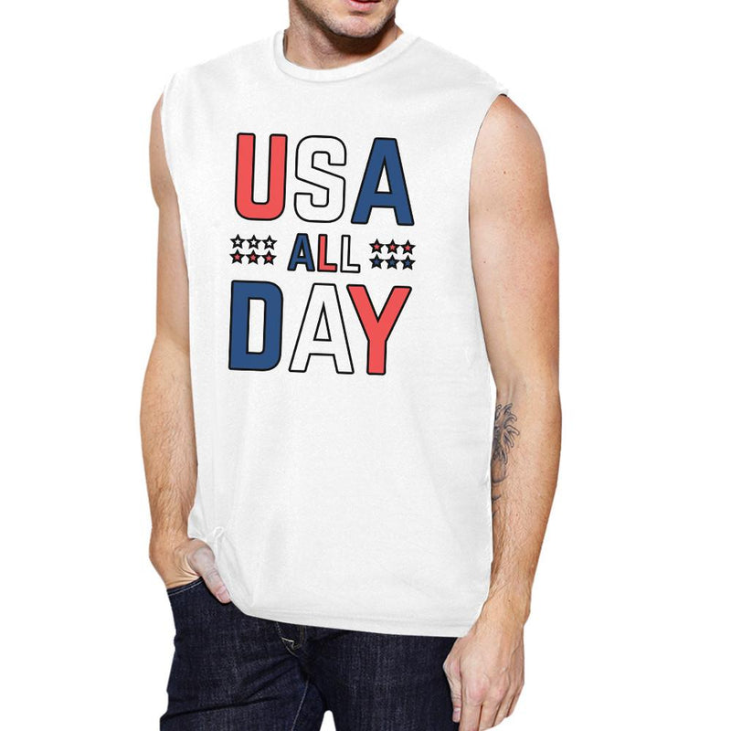 USA All Day Men White Cotton Muscle Top Cute 4th Of July Design Top