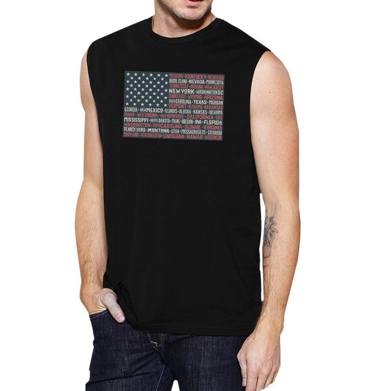 50 States Us Flag Mens Black Muscle Top Cap Sleeve For 4th Of July
