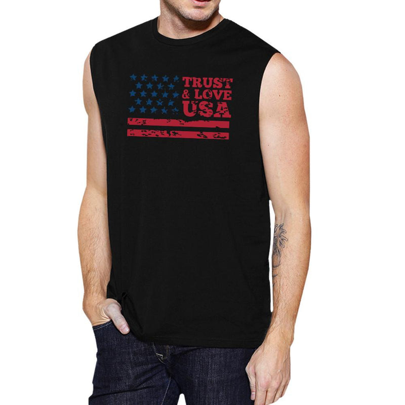 Trust & Love USA Mens Black Muscle Tanks Round Neck Line Cotton