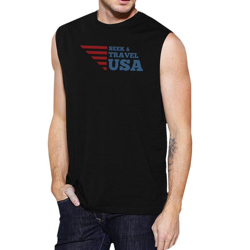Seek & Travel USA Mens Black Sleeveless Tee Shirt Round Neck Cotton