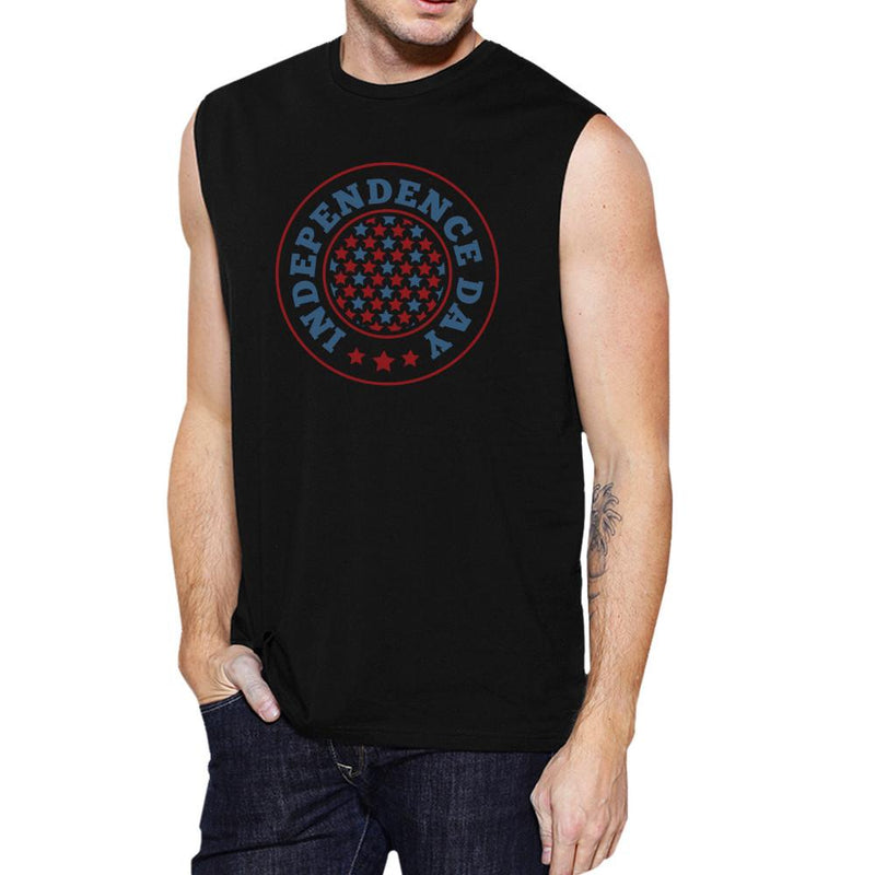 Independence Day Black Crewneck Cotton Graphic Muscle Shirt For Men