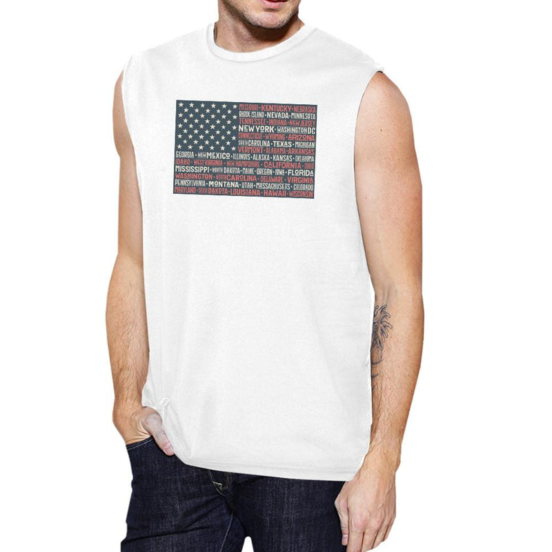 50 States Us Flag Mens White Muscle Top Cap Sleeve For 4th Of July