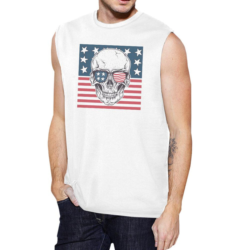 Skull American Flag Mens White Muscle Tee Crew Neck Line Cotton