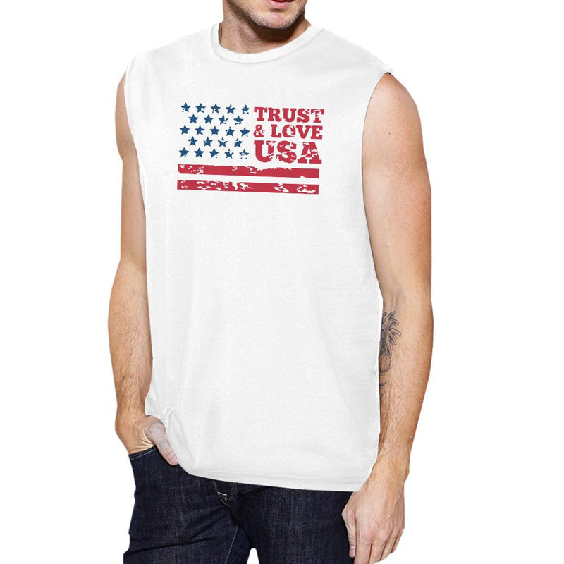 Trust & Love USA Mens White Muscle Tanks Round Neck Line Cotton