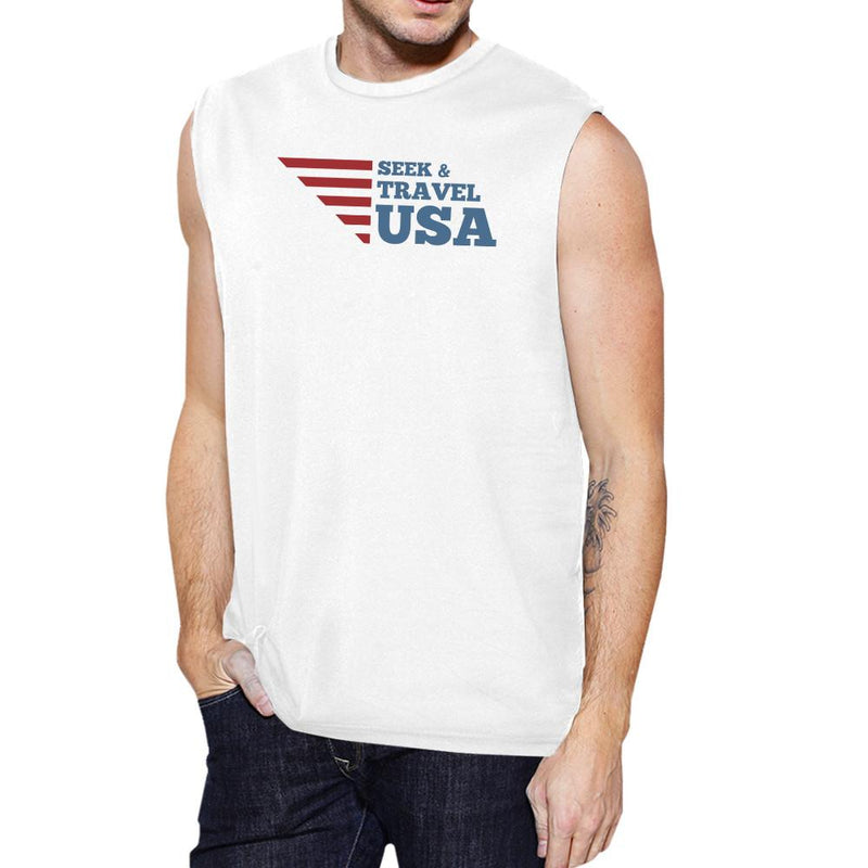 Seek & Travel USA Mens White Sleeveless Tee Shirt Round Neck Cotton