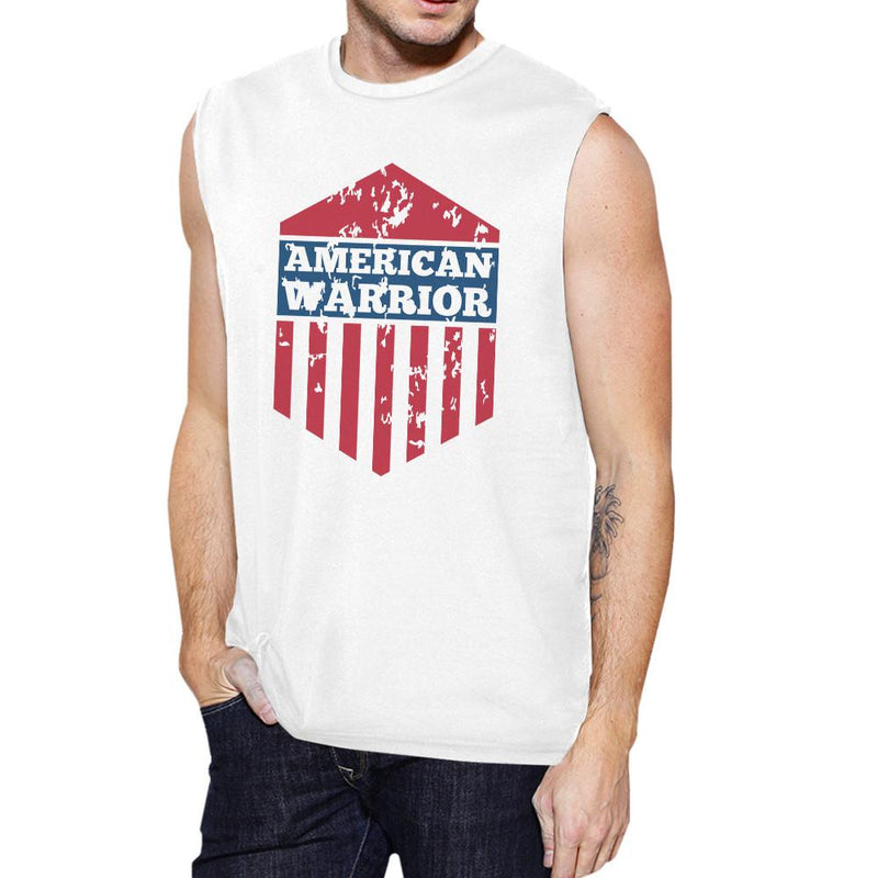 American Warrior White Crewneck Cotton Graphic Muscle Tanks For Men